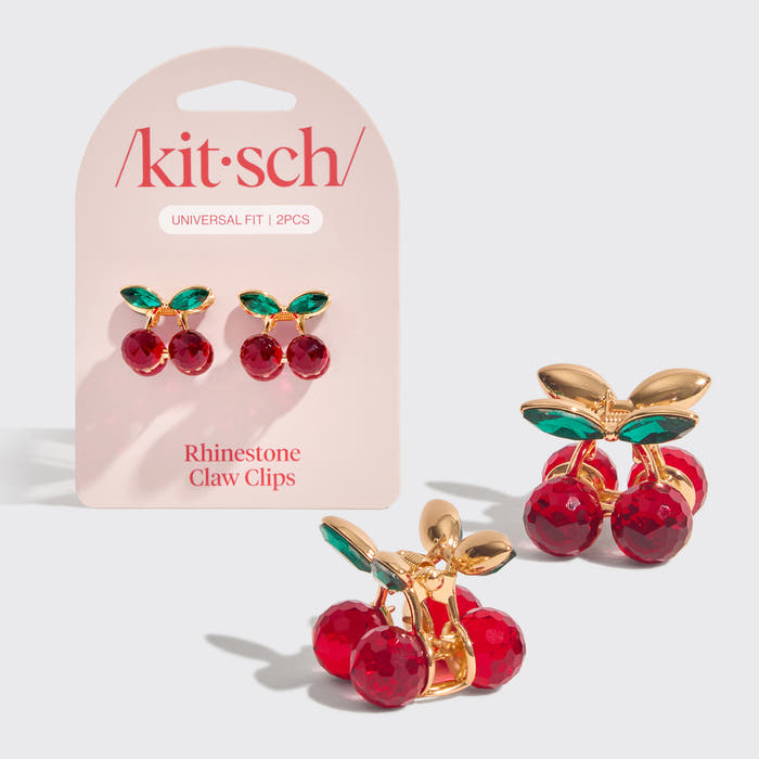 Kitsch Rhinestone Claw Clips 3pc Set with packaging, featuring red cherry designs with green leaves and gold-tone stems.
