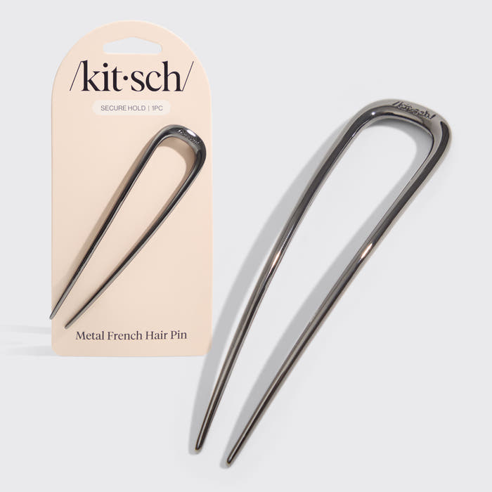 Hematite French Hair Pin with packaging showing sleek U-shaped metal design