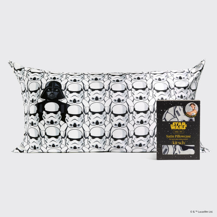 Star Wars™ & Kitsch King Satin Pillowcase in Darth Vader & Stormtroopers with packaging on a light gray background
