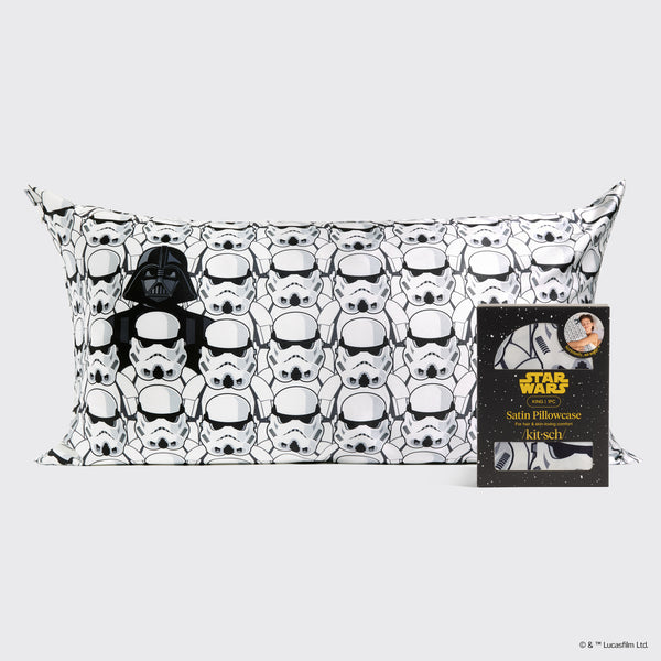 Star Wars™ & Kitsch King Satin Pillowcase in Darth Vader & Stormtroopers with packaging on a light gray background