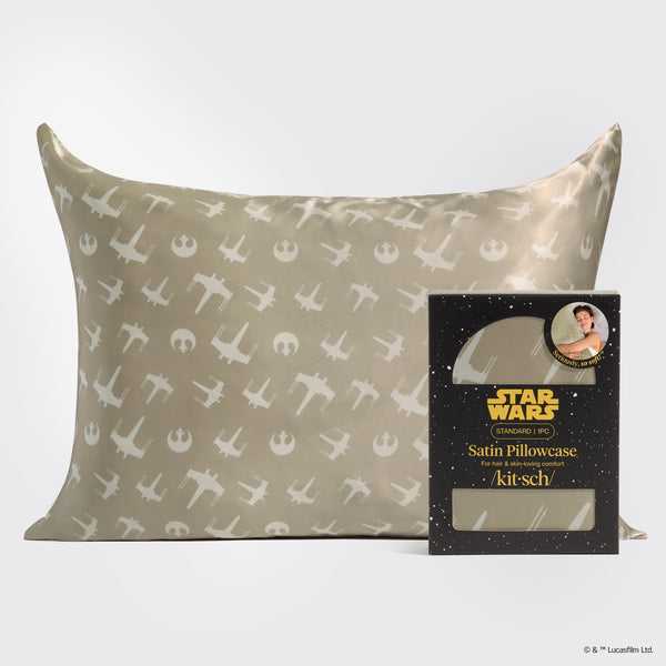 Star Wars x Kitsch Rebel Alliance Satin Pillowcase — Star Wars satin pillowcase featuring an all-over white Rebel Alliance and Imperial symbol print, shown with branded packaging.