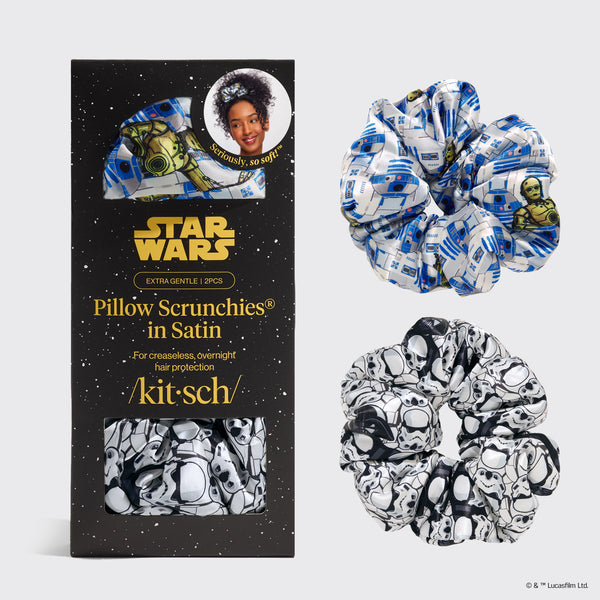 KITSCH Star Wars™ & Kitsch Pillow Scrunchies® in Satin - R2-D2 & Stormtroopers — hero product shot — limited-edition Star Wars x KITSCH collab in silky satin — pillow-soft satin gentle enough to sleep in