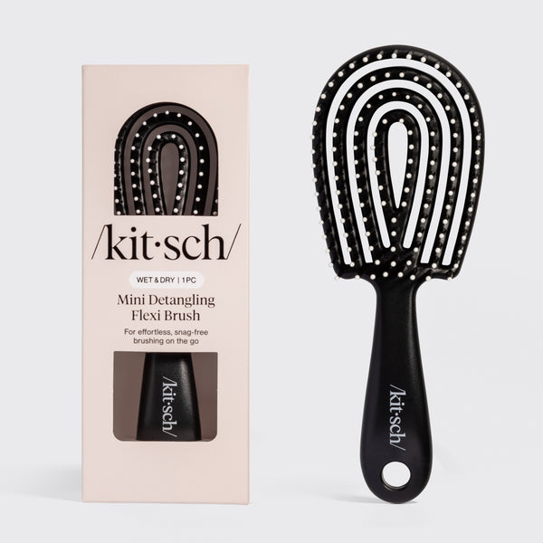 KITSCH Black Detangling Flexi Brush - Mini — hero product shot on a soft neutral background — Bendable Bristles: the flexible frame adapts to the shape of your head for a comfortable and effortless detangling experience — ready for daily use