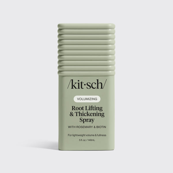 KITSCH Root Lifting & Thickening Spray — hero standalone bottle shot on light gray background — VOLUMIZING Root Lifting & Thickening Spray With Rosemary & Biotin — For lightweight volume & fullness — 5 fl oz / 148 mL — 86% agreed provided noticeable lift & volume at roots — 90% agreed did not weigh hair down or have a greasy feel