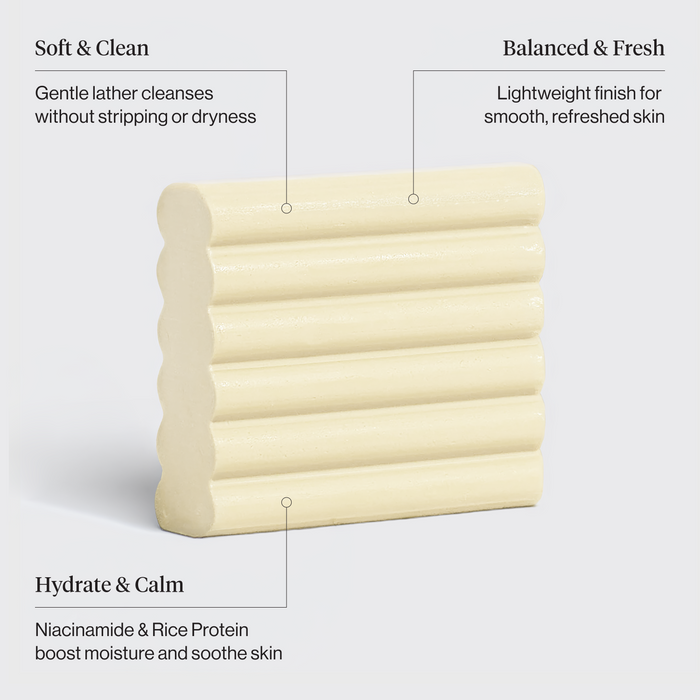 KITSCH Rice Water Protein Restoring Face & Body Wash Bar benefit infographic — cream ribbed bar with callouts: Soft & Clean: Gentle lather cleanses without stripping or dryness; Balanced & Fresh: Lightweight finish for smooth, refreshed skin; Hydrate & Calm: Niacinamide & Rice Protein boost moisture and soothe skin — For rough, irritated, & dry skin