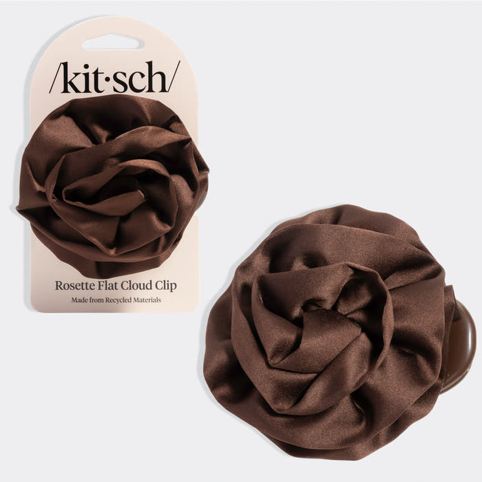 Satin Rosette Medium Flat Cloud Clip in Chocolate with packaging, shown on a light gray background