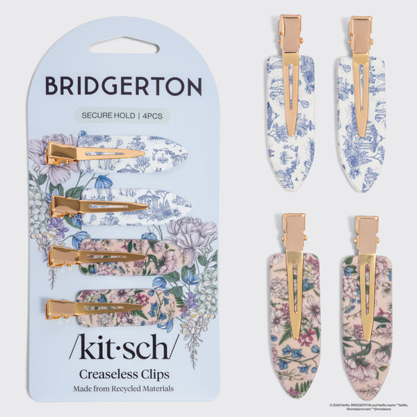 Bridgerton x Kitsch Creaseless Clips in Toile in Bloom shown with floral packaging.