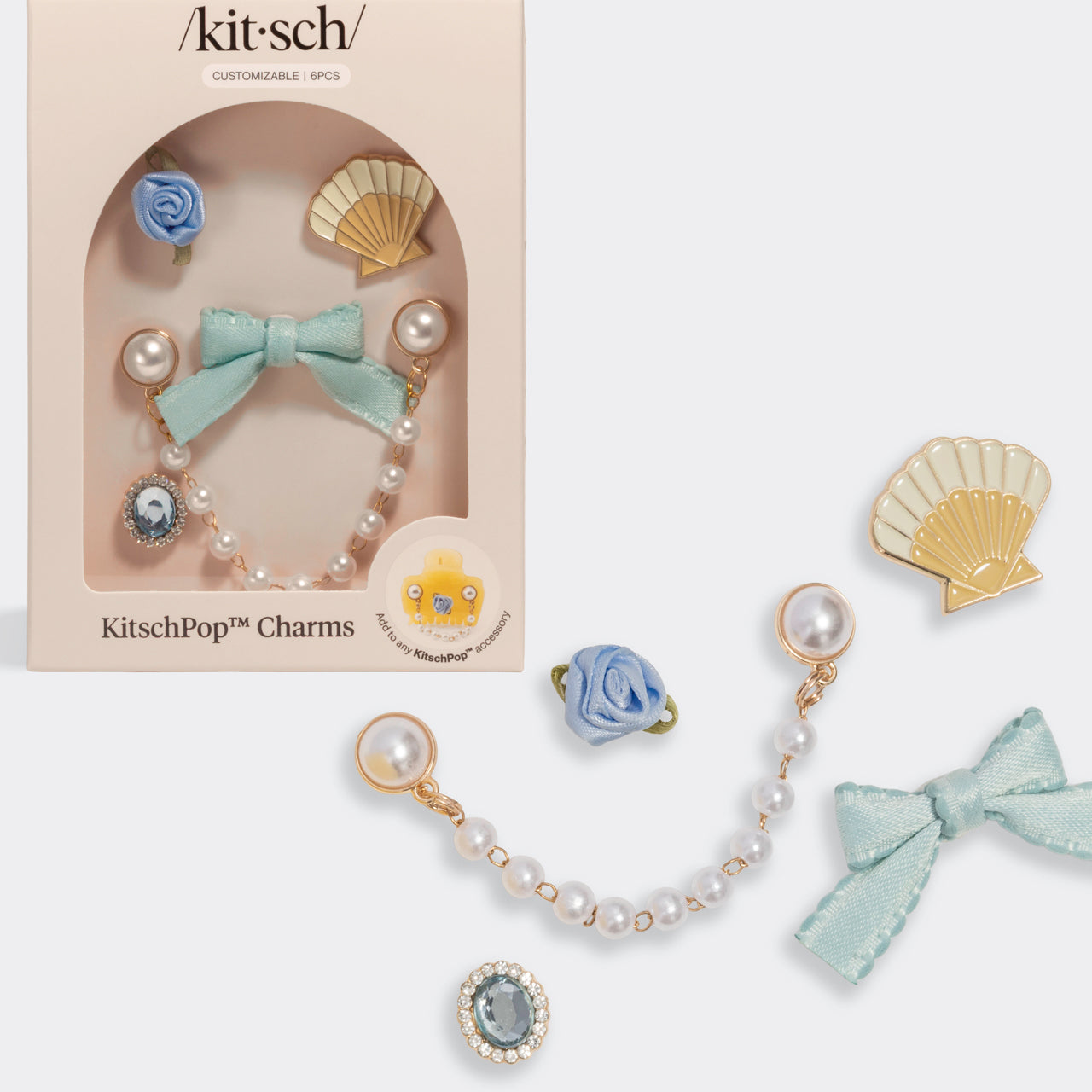 KitschPop Coastal Cottage Charm Collection 6pc set – seashell, mint bow, pearl chain, rosette & rhinestone