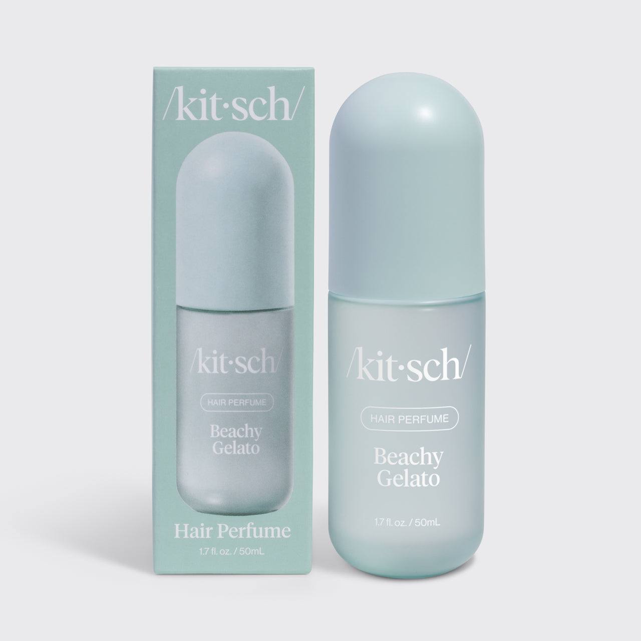Kitsch Beachy Gelato Hair Perfume 50mL seafoam green bottle and box – tropical citrus & vanilla scent