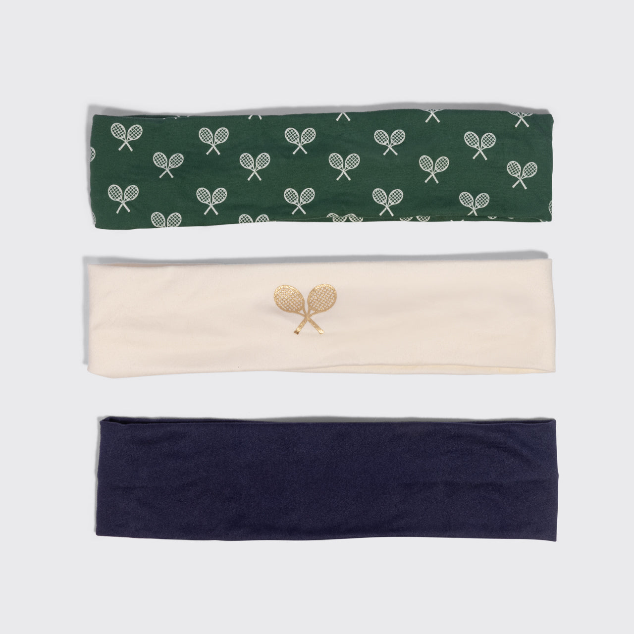 KITSCH Recycled Fabric Active Headbands 3pc Set — the three headbands in cream, court green, and navy blue with tennis racquet print — made from eco-friendly recycled fabric — set of three for on and off the court