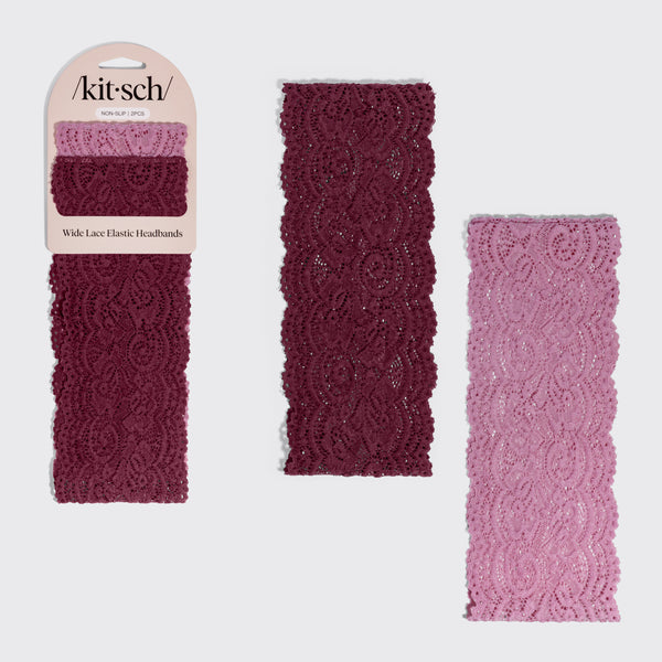 KITSCH Cherry Lacquer & Dusty Pink Wide Lace Headbands 2pc Set — both lace headbands shown with the packaging card — soft, stretchy lace keeps strands neatly in place whether you're dressing up or keeping it casual — everyday and evening styling
