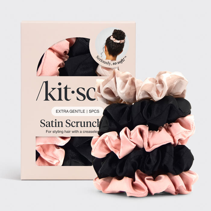Kitsch Satin Sleep Scrunchies 5-piece set in assorted soft colors on a clean neutral background