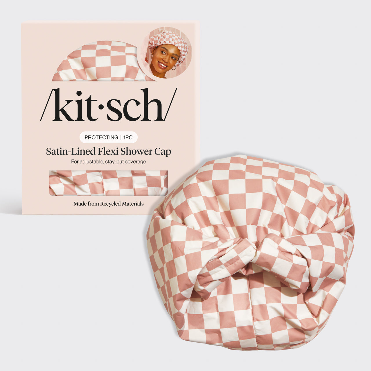 Bonnet de douche Flexi doublé de satin - Terracotta Checker