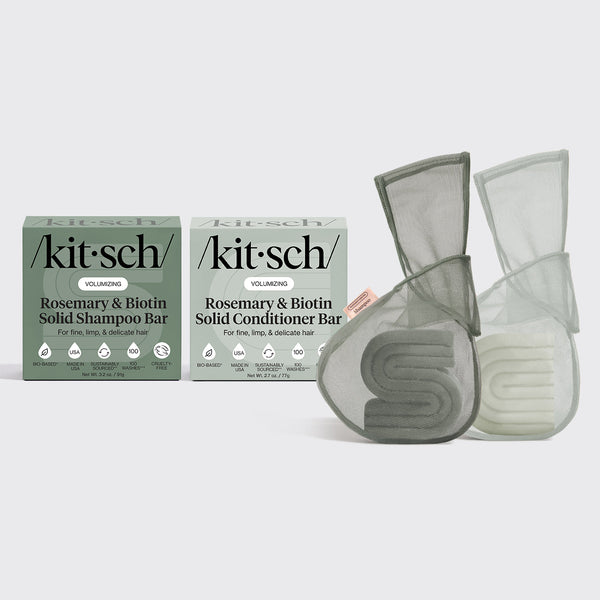 KITSCH Rosemary & Biotin Shampoo & Conditioner Combo + Bar Saver Bags Bundle — hero flat lay — Volumizing Rosemary & Biotin Shampoo Bar + Conditioner Bar + Bar Saver Bags — complete volumizing routine
