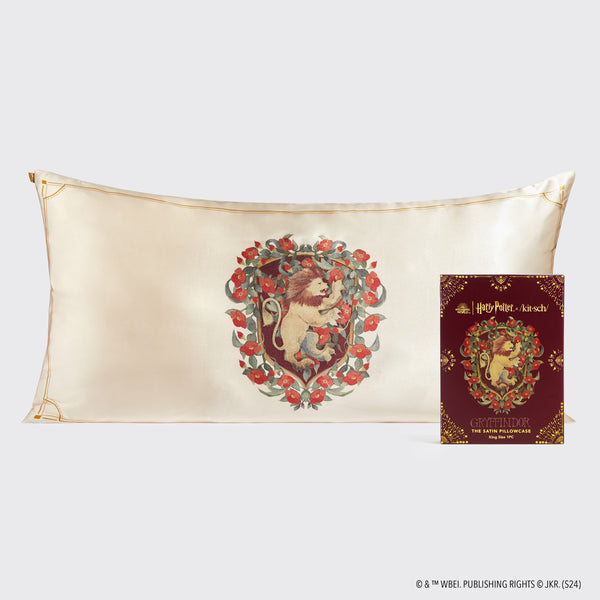 Kitsch x Harry Potter Satin Pillowcase in Gryffindor - King — hero product shot — helps to tame frizz and reduce breakage while sleeping by creating less friction — double-sided satin pillowcase printed with the Gryffindor lion crest