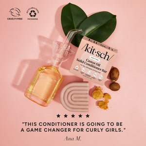 KITSCH Castor Oil Nourishing Shampoo & Conditioner Bar Combo — 5-star customer review for castor oil conditioner bar — deeply nourishes dry & damaged hair for stronger, hydrated-looking strands — Fision® Hydratress helps detangle and control frizz
