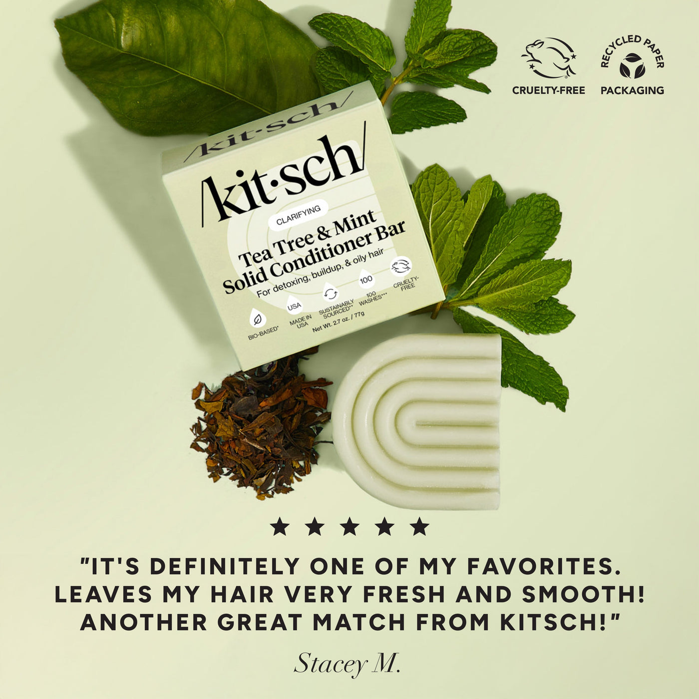 5-star customer review for KITSCH Tea Tree & Mint Clarifying Conditioner Bar — featured in the Bye Buildup Trio scalp detox bundle