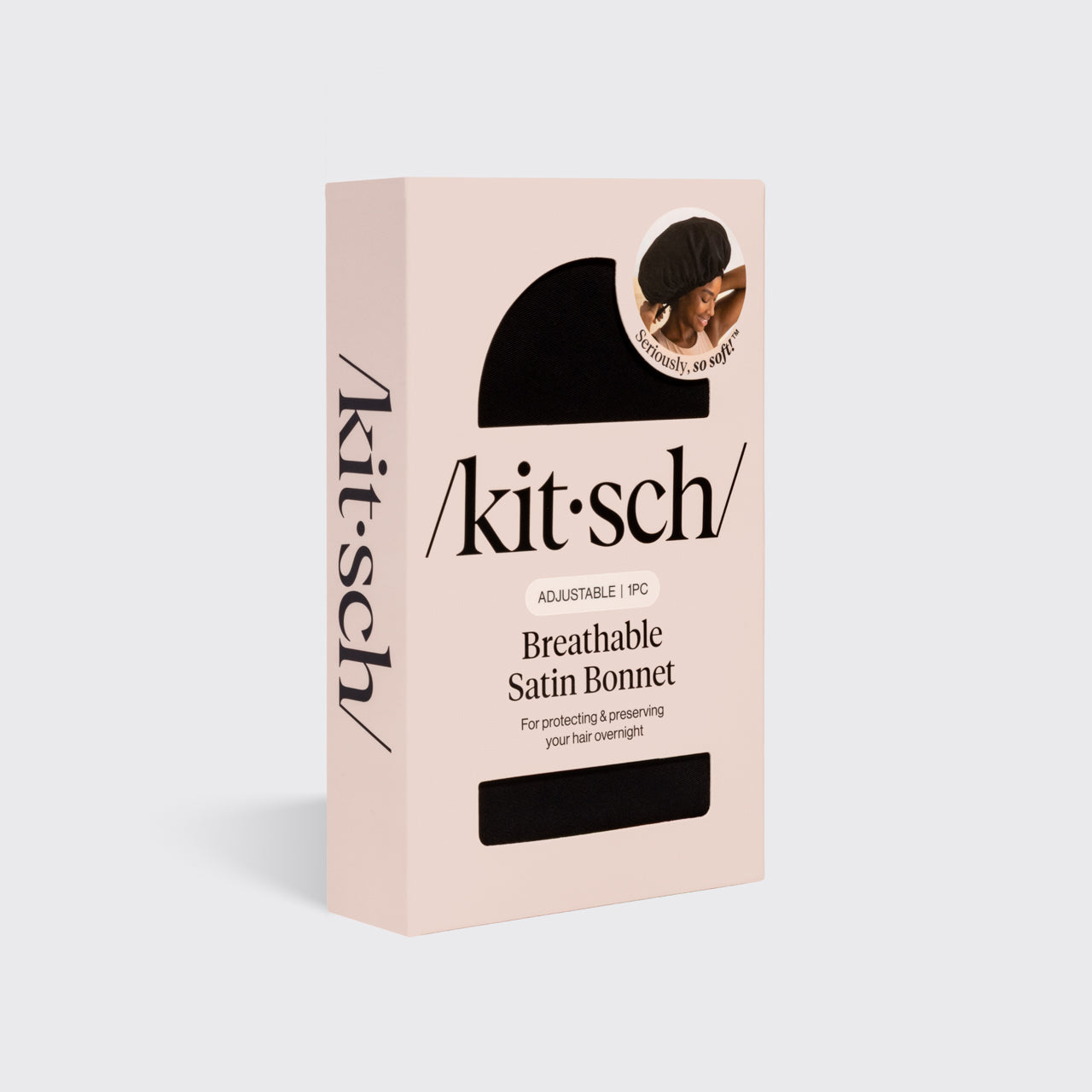 KITSCH Black XL Adjustable Satin Bonnet — packaging shot — adjustable satin, XL fit