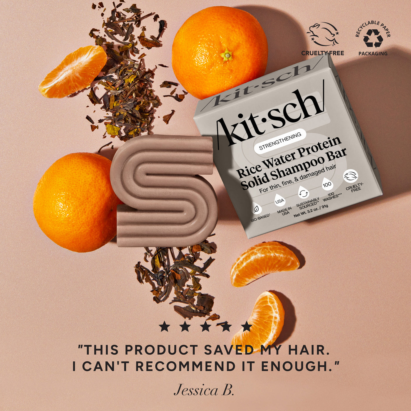 KITSCH Rice Water Shampoo & Conditioner Bar Combo for Hair Growth — 5-star customer review for strengthening rice water shampoo bar — Rice Tein NPNF® improves appearance of natural shine in just 5 washes — boosts shine in dull, dry hair