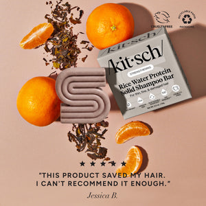 KITSCH Rice Water Shampoo Bar for Hair Growth — 5-star customer review graphic — Rice Tein NPNF® has been shown to increase hair volume by 20% after 5 washes — free of parabens, phthalates, silicones, & sulfates