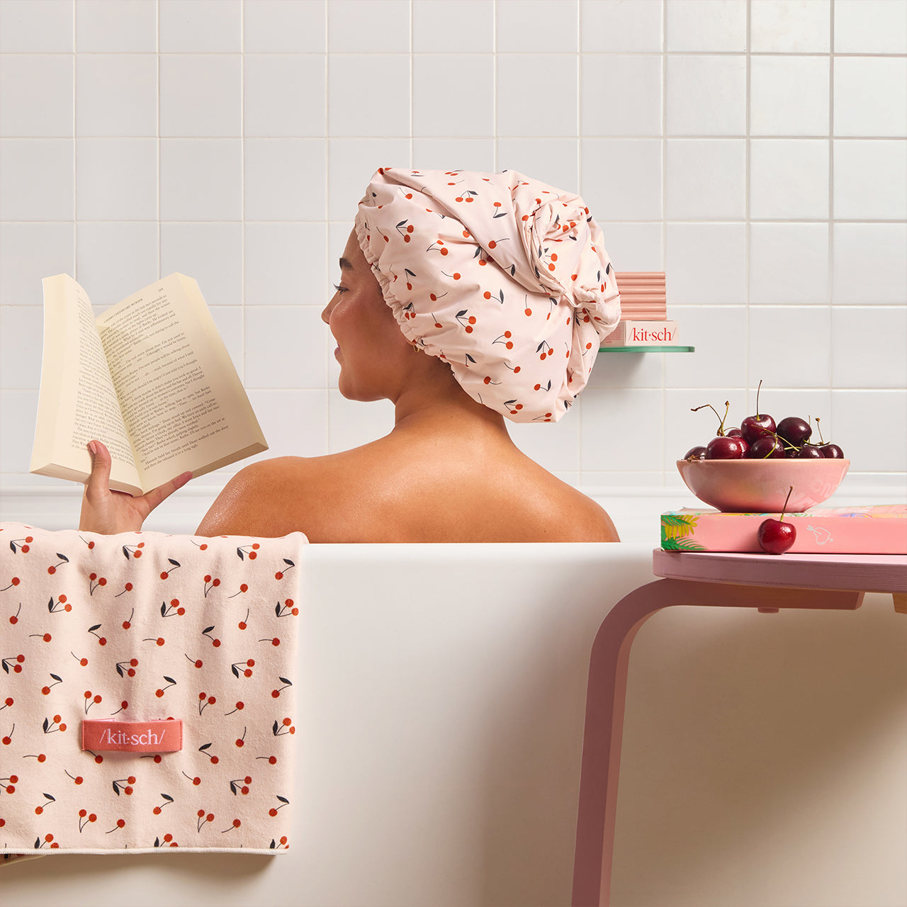 KITSCH Satin Lined Flexi Shower Cap and XL Hair Towel Wrap — Cherry Print — model wearing both pieces together