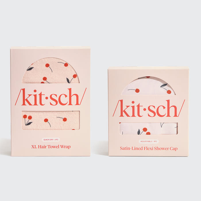 KITSCH Satin Lined Flexi Shower Cap + XL Hair Towel Bundle — Cherry Print — matching cap and towel set, hero flat lay