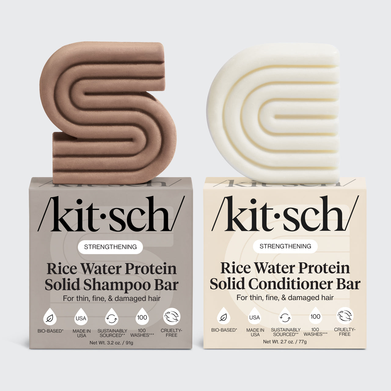 KITSCH Rice Water Shampoo & Conditioner Bar Combo for Hair Growth — 2-piece strengthening rice water shampoo and conditioner bar set — Rice Tein NPNF® clinically proven to increase hair volume by 20% after 5 washes — conditions & encourages overall hair length & density