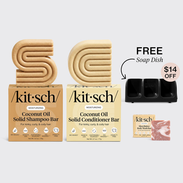 KITSCH Moisturizing Coconut Oil Black Soap Dish Bundle — hero bundle flat lay — Coconut Oil Shampoo & Conditioner Bars + Shea Butter Body Wash + FREE Black Self-Draining Soap Dish — deeply nourish hair and lock in moisture