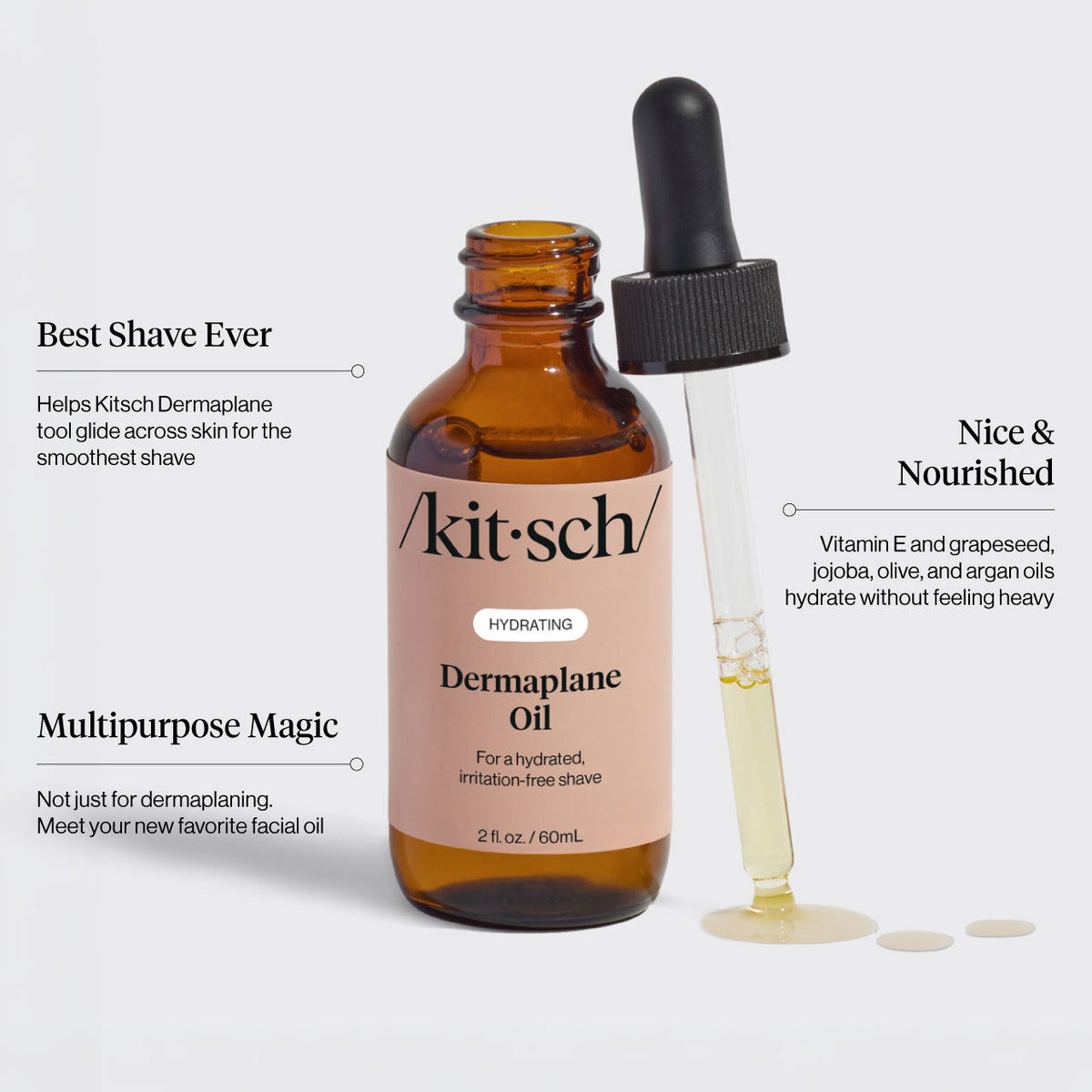 KITSCH Hydrating Dermaplane Oil — ingredient close-up — formulated with grapeseed, jojoba, argan, and olive oils — nourishing pre-shave oil for face