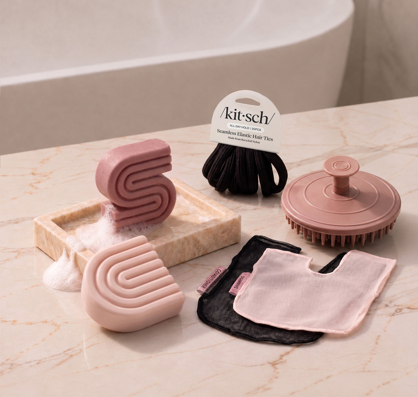 Castor Oil: Kitsch Free Welcome Kit with Castor Oil shampoo and conditioner bars, Terracotta Scalp Exfoliator, Blush Shampoo Bar Bag, Black Conditioner Bar Bag, and Black Seamless Hair Elastics.