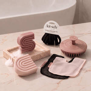 Castor Oil: Kitsch Free Welcome Kit with Castor Oil shampoo and conditioner bars, Terracotta Scalp Exfoliator, Blush Shampoo Bar Bag, Black Conditioner Bar Bag, and Black Seamless Hair Elastics.