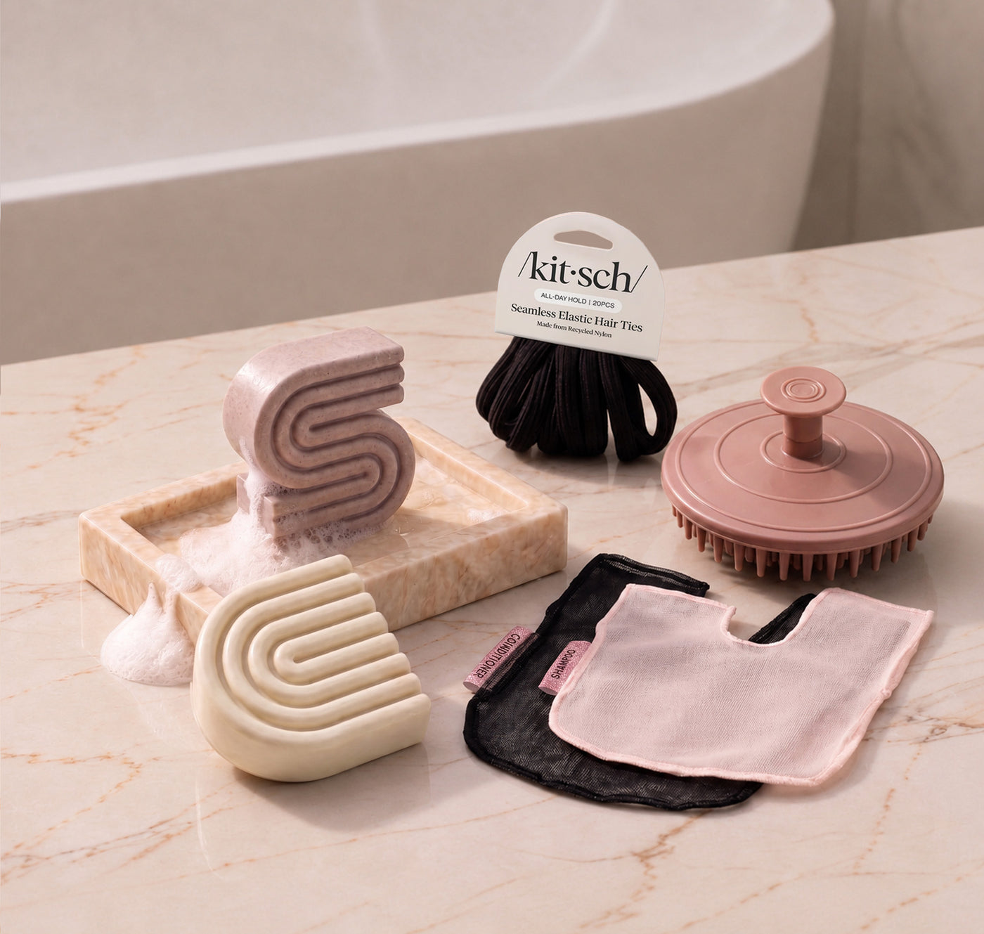 Rice Water: Kitsch Free Welcome Kit with Rice Water shampoo and conditioner bars, Terracotta Scalp Exfoliator, Blush Shampoo Bar Bag, Black Conditioner Bar Bag, and Black Seamless Hair Elastics.