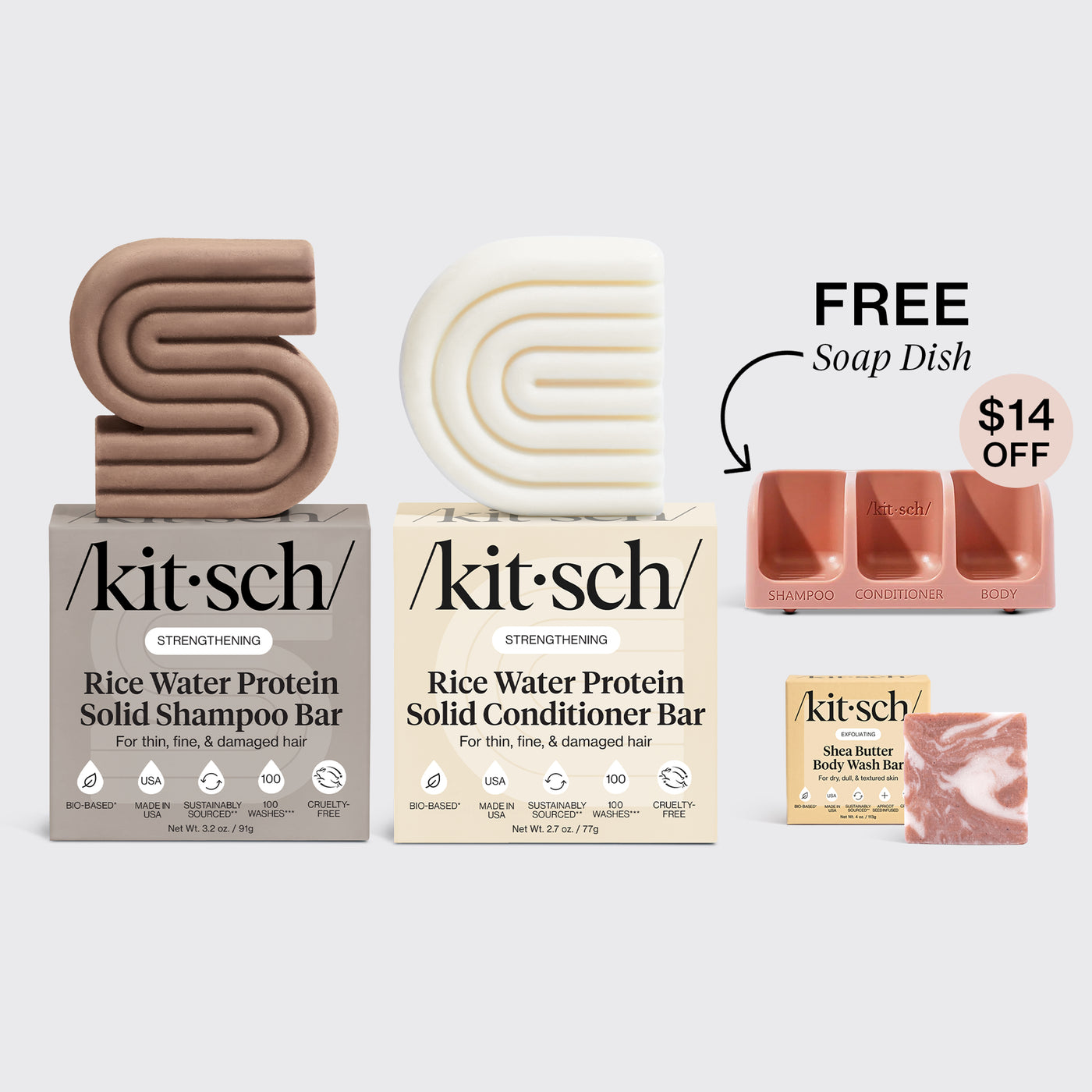 KITSCH Strengthening Rice Water Trio & Terracotta Soap Dish Bundle — hero bundle flat lay on light gray background — Rice Water Protein Solid Shampoo Bar + Solid Conditioner Bar + Shea Butter Body Wash Bar + FREE terracotta self-draining soap dish — $14 OFF — For thin, fine, & damaged hair
