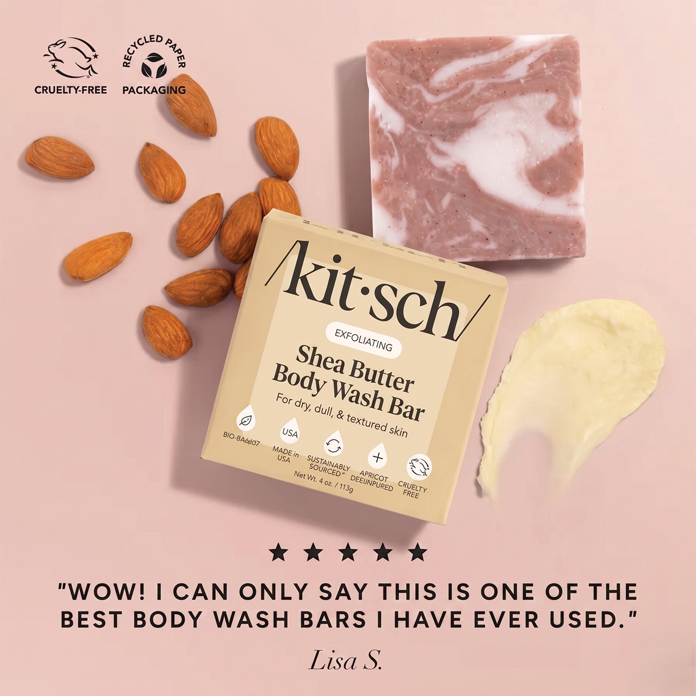 Kitsch Exfoliating Shea Butter Body Wash Bar for dry, dull, and textured skin, 4 oz / 113g, shown with product packaging, loose almonds, a shea butter swipe, and the bar itself on a pink background. Certifications shown: Cruelty-Free, Recycled Paper Packaging. Five-star review quote from Lisa S.: "WOW! I can only say this is one of the best body wash bars I have ever used.
