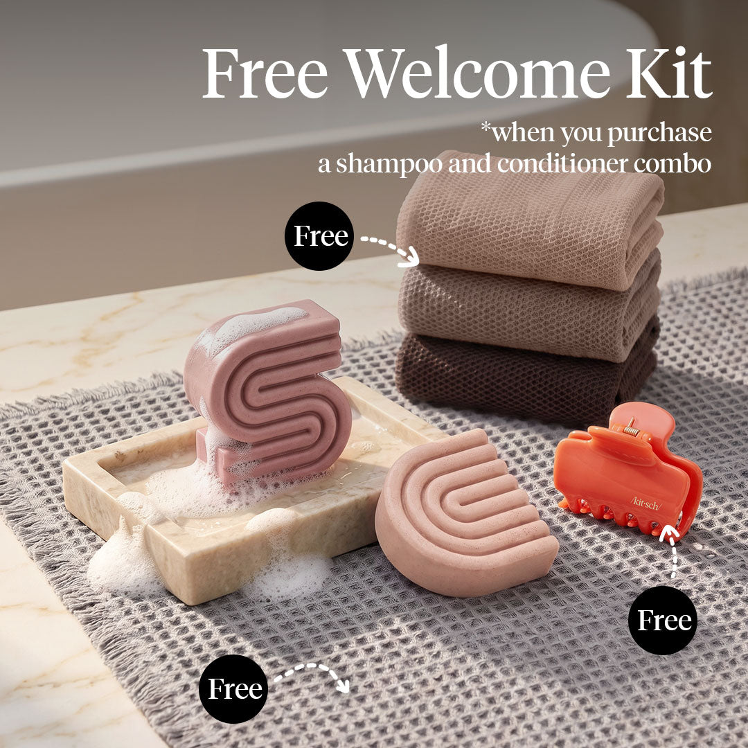 Kitsch Castor Oil Shampoo and Conditioner Bar Summer Welcome Kit with free African Net Sponge and Quick-Dry Bath Mat