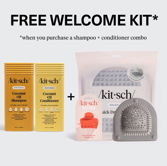 Free Summer Welcome Kit with Coconut Oil Liquid Shampoo and Conditioner, plus a Quick-Dry Bath Mat, Recycled Plastic Cloud Clip, and Hair Catcher.