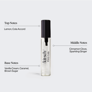 KITSCH Movie Theater Hair Perfume Trio Set — Fizzy Cola scent infographic — Smells Like: lemon, sparkling ginger & brown sugar — Citrusy, effervescent & playful fragrance — Smell like a snack — Patented technology eliminates odors at the source — A quick way to refresh your hair between washes