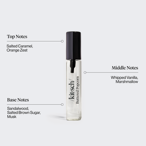 KITSCH Movie Theater Hair Perfume Trio Set — Buttered Popcorn scent infographic — Smells Like: salted caramel, marshmallow & creamy sandalwood — Sweet, gourmand & comforting fragrance — Smell like a snack — Patented technology eliminates odors at the source — A quick way to refresh your hair between washes