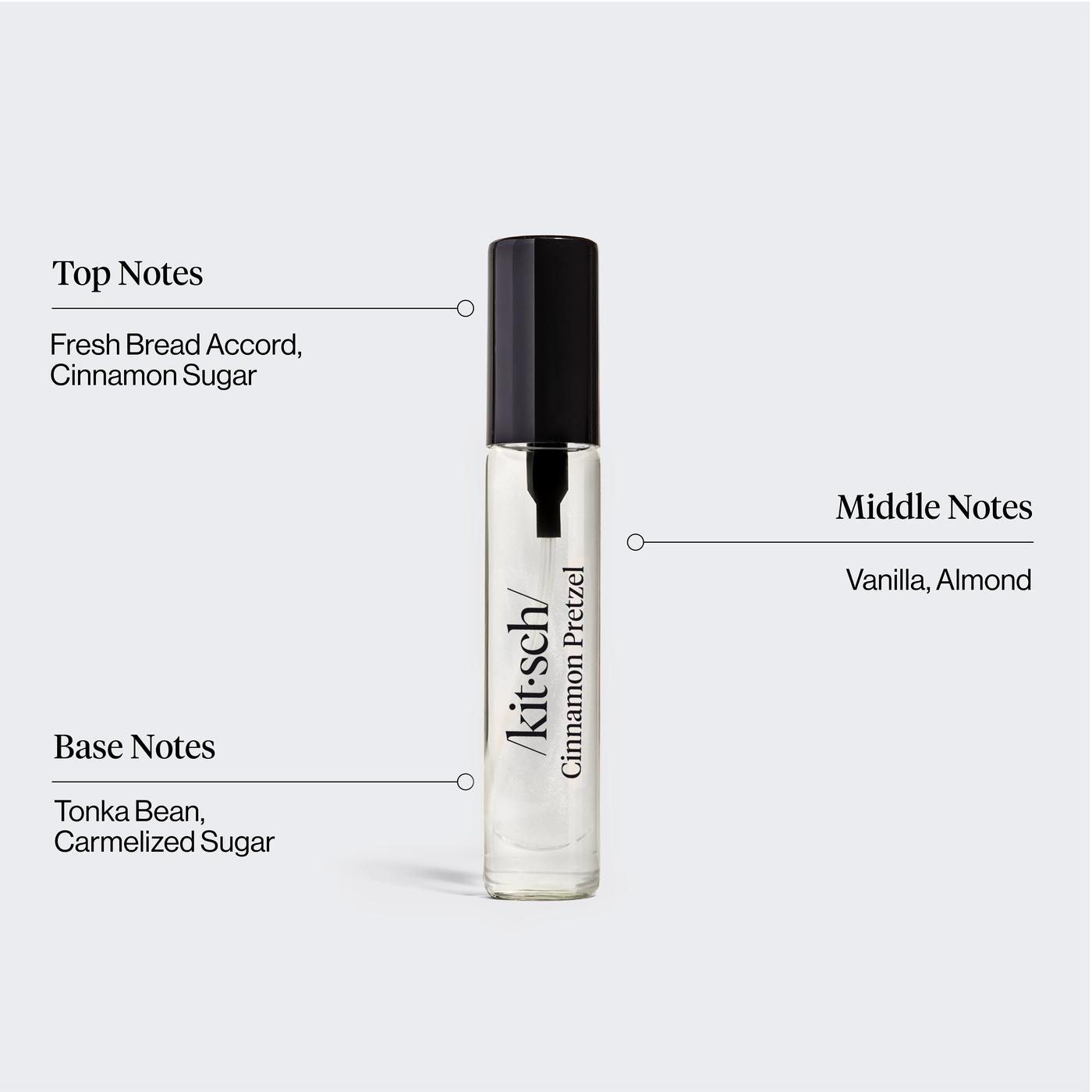 KITSCH Movie Theater Hair Perfume Trio Set — Cinnamon Pretzel scent infographic — Smells Like: fresh bread, vanilla & caramelized sugar — Warm, gourmand & cozy fragrance — Smell like a snack — Patented technology eliminates odors at the source — A quick way to refresh your hair between washes